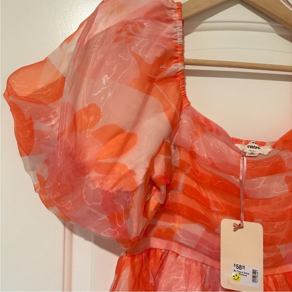Entro Pink & Orange Puff Sleeve Mini Dress small - Picture 3 of 6